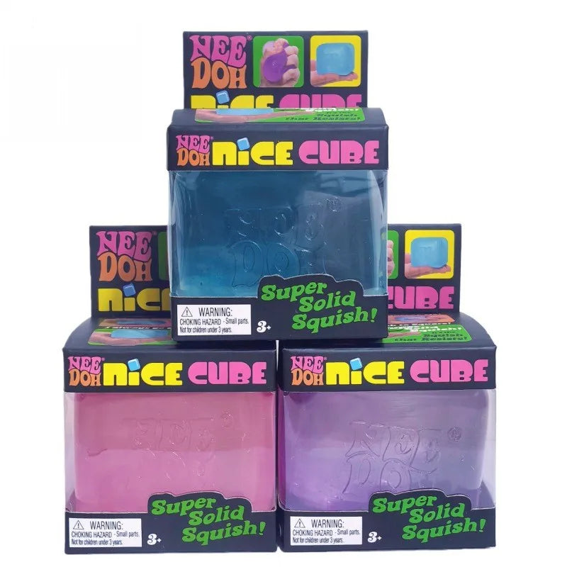 Multiple boxes of Nee Doh Nice Cube toys on a white background