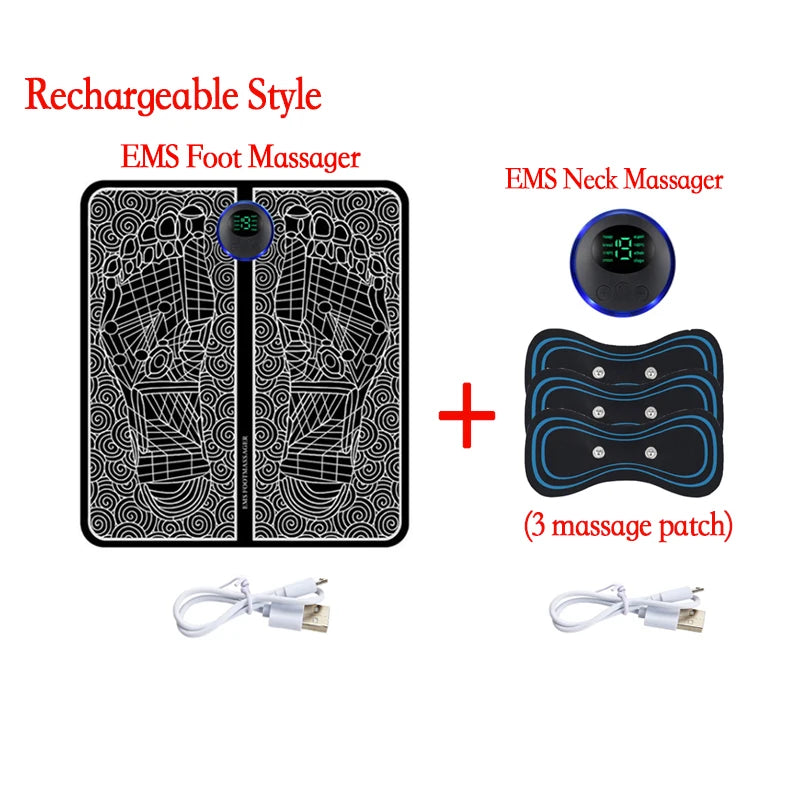 EMS foot and neck massager set with massage patches and charging cables on a white background.