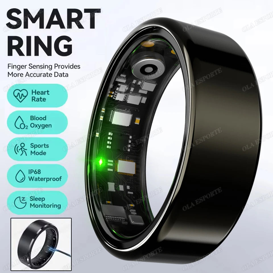 Smart ring with electronic components and features on a light gray background