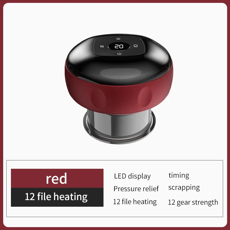 Red and black handheld device with LED display on a white background