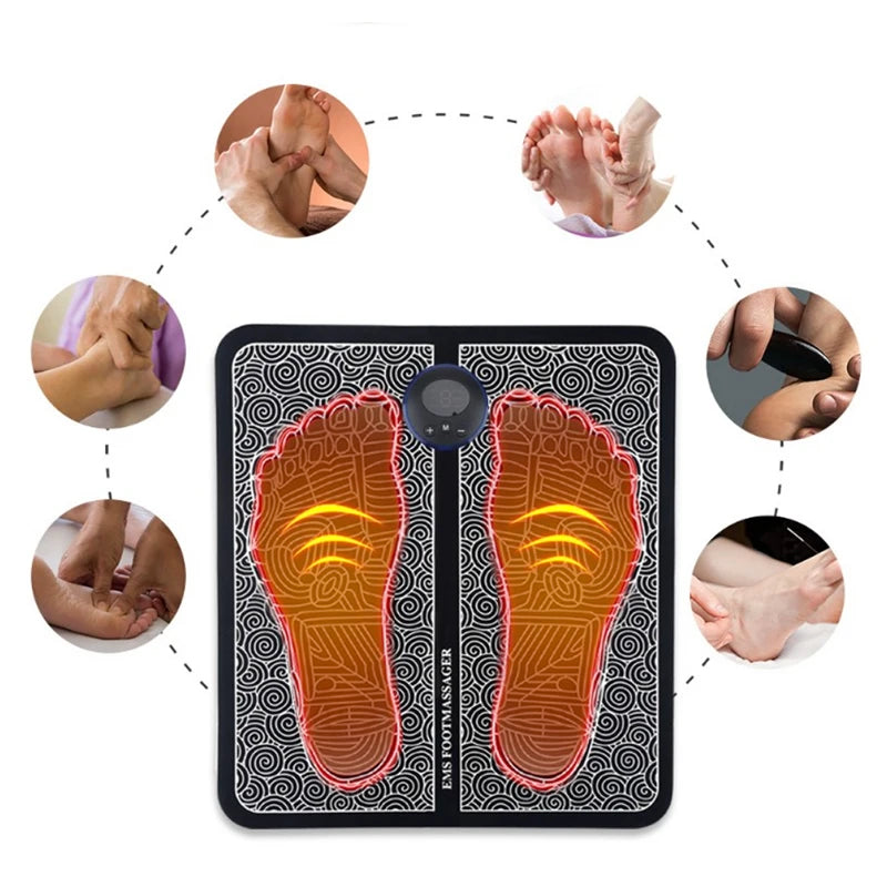 Heated foot pad with foot outlines and close-up images of feet on a white background
