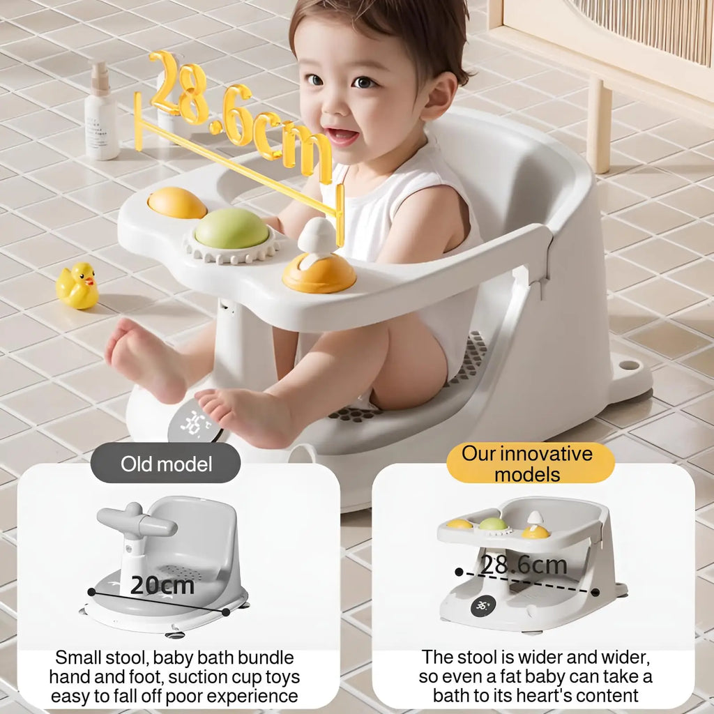 Baby sitting in a wide baby bath seat with text comparing old and new models.