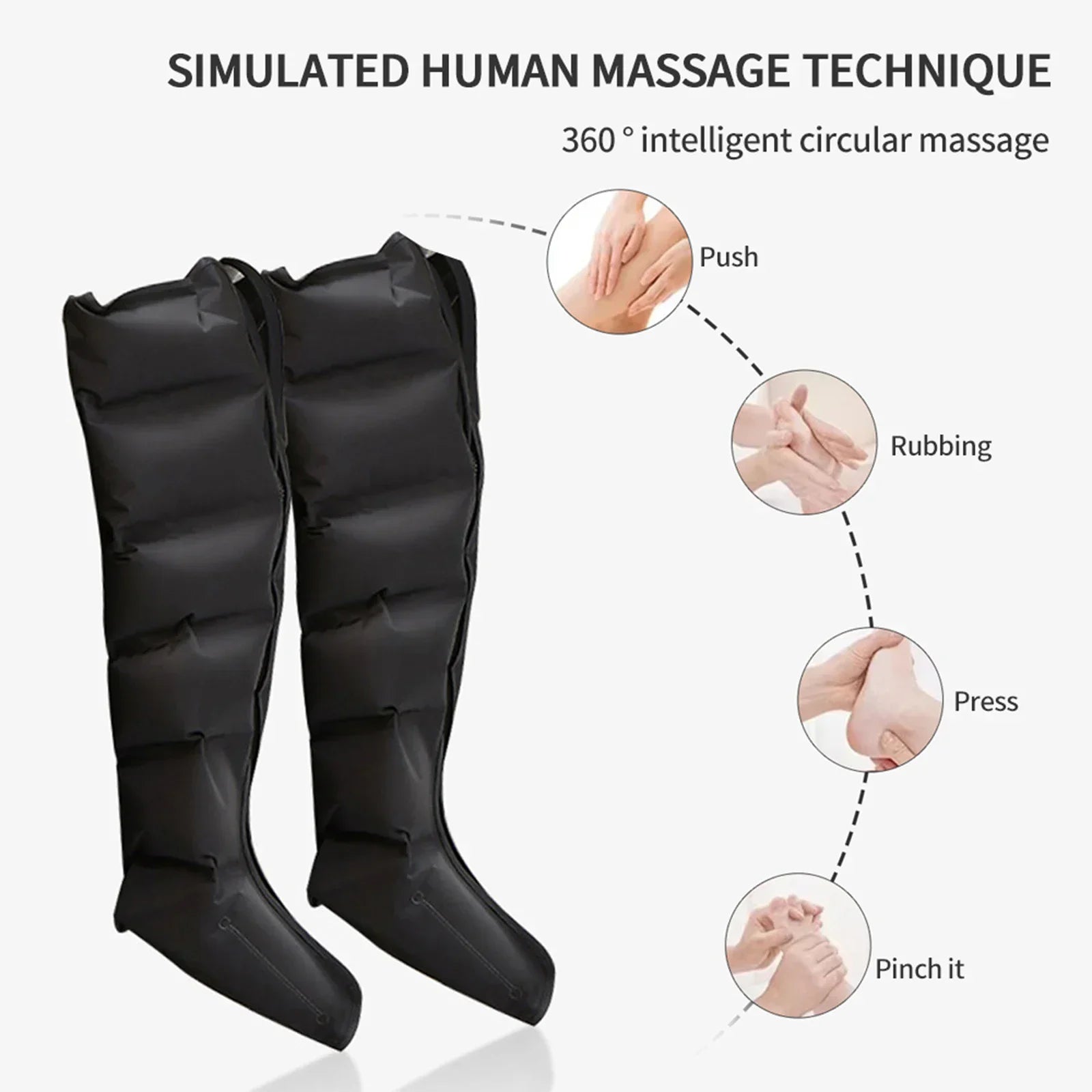 Black massage boots with a diagram of simulated human massage techniques on a white background.