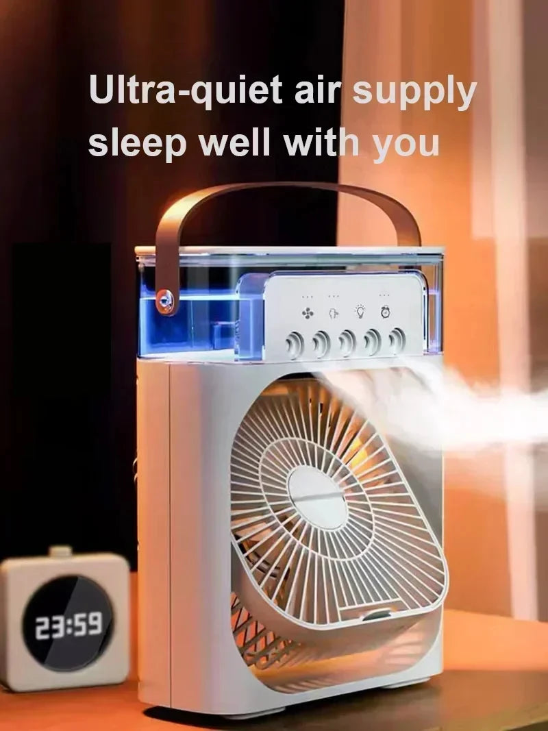 Portable air cooler emitting mist with text 'Ultra-quiet air supply sleep well with you' on a blurred background.