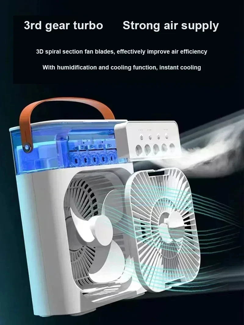 Portable fan with text highlighting features on a dark background