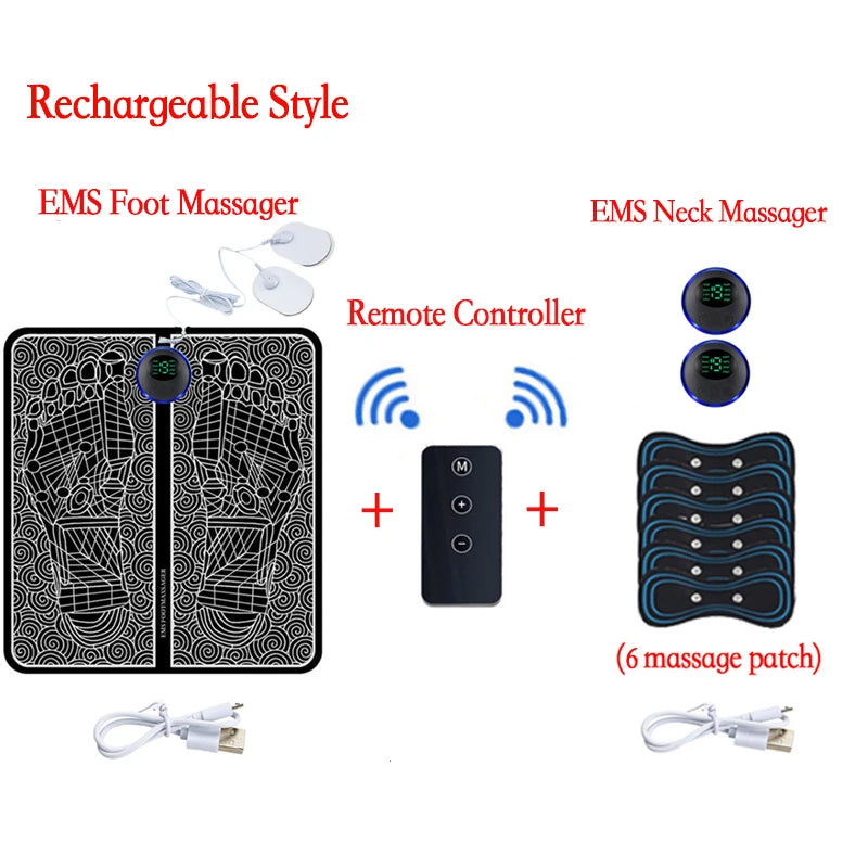 EMS foot and neck massager set with remote controller and massage patches on a white background.