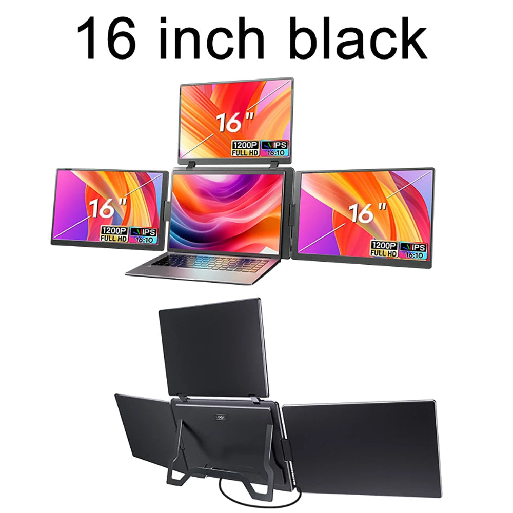 16-inch black laptop with multiple screens displayed on a white background