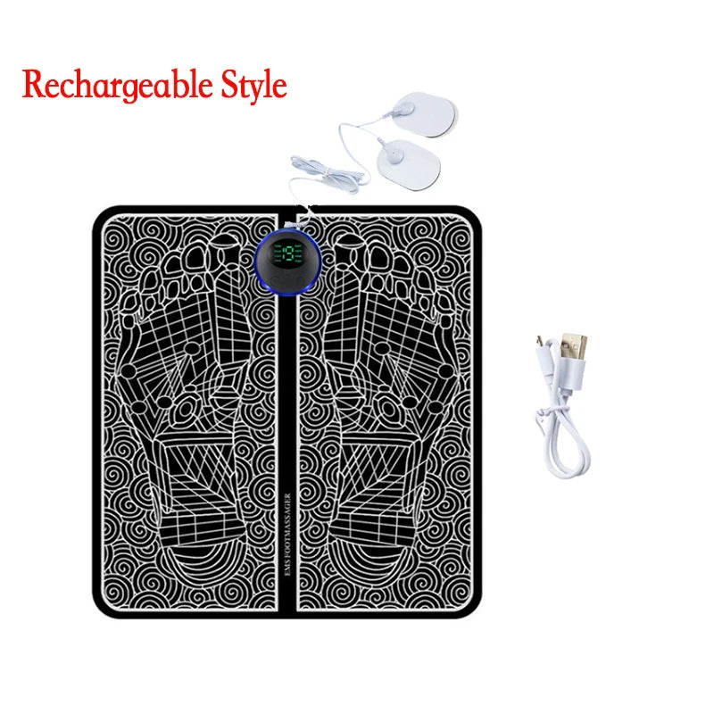 Black electronic device with white patterns on a white background, featuring a USB cable and earbuds.