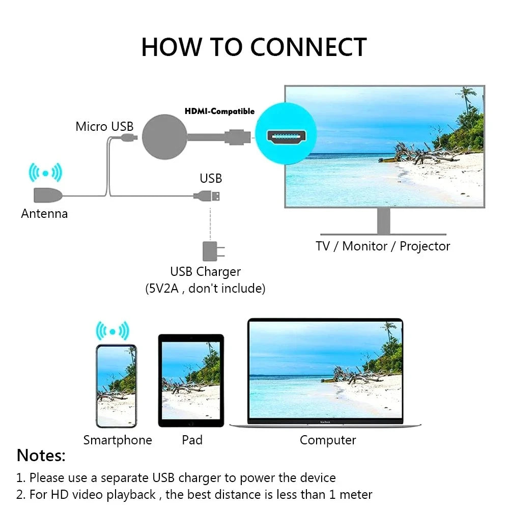 Diagram showing how to connect a device with beach scene display.