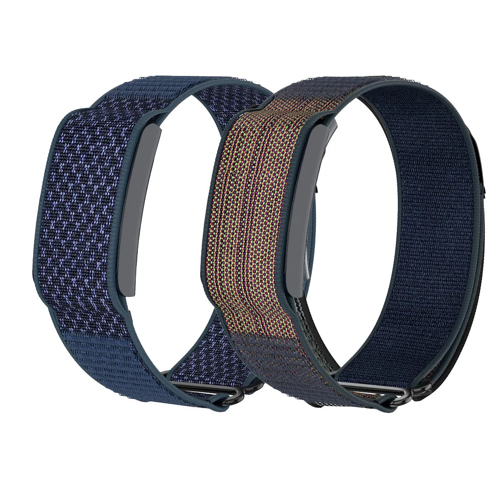 Two blue woven watch straps on a white background