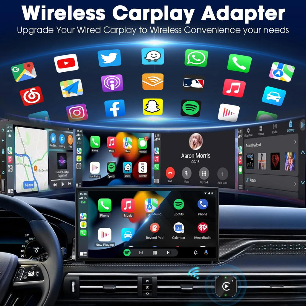 Wireless Carplay Adapter with smartphone displaying app icons on a car dashboard background