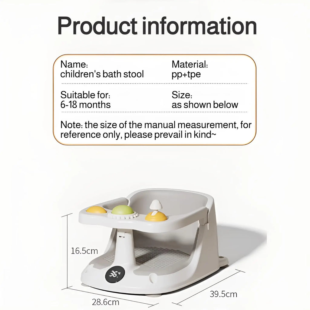 Children's bath stool with product information on a white background
