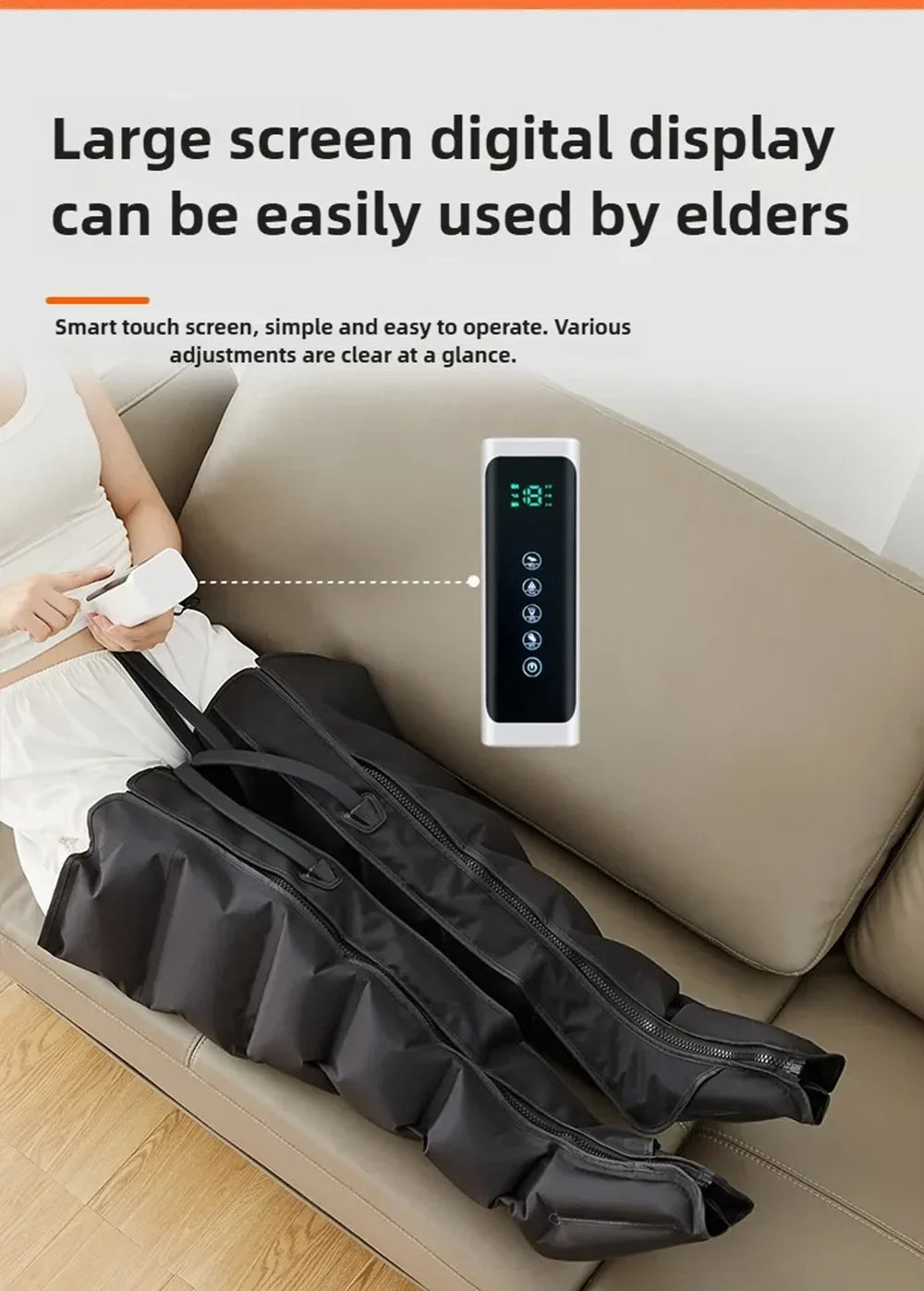 Person using a digital device on a couch with text about its ease of use for elders.