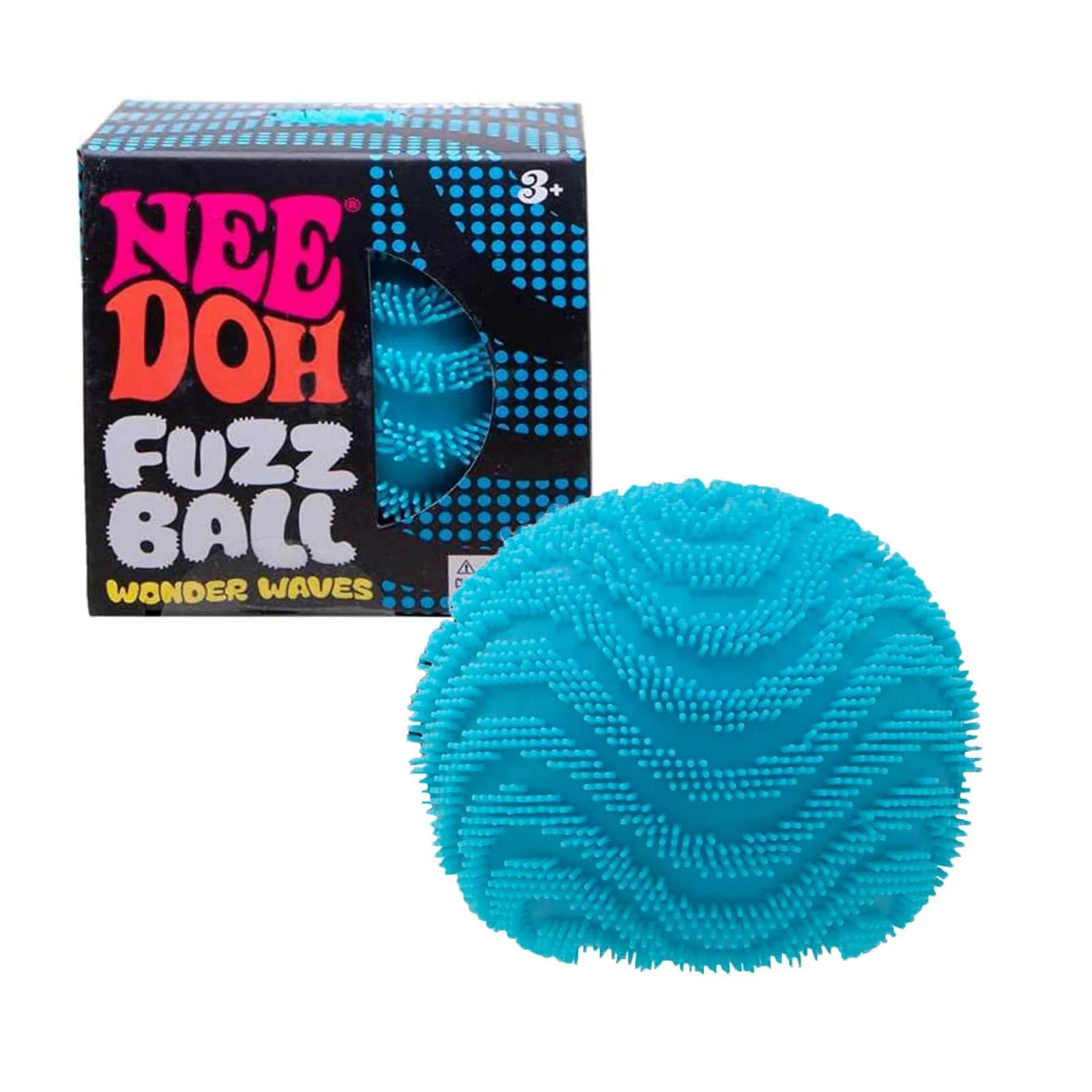 Blue fuzz ball toy with Nee Doh packaging on a white background