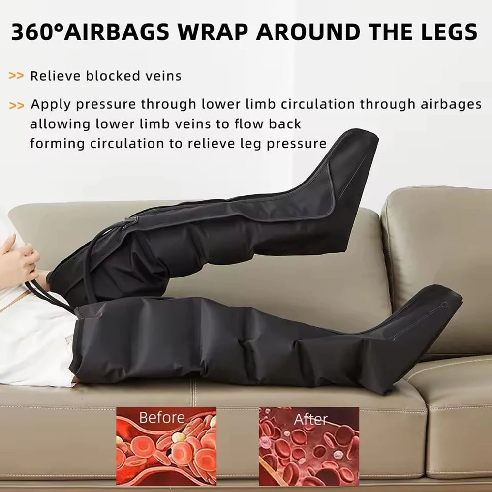 Person using a 360-degree airbag wrap on their legs with text explaining its benefits.