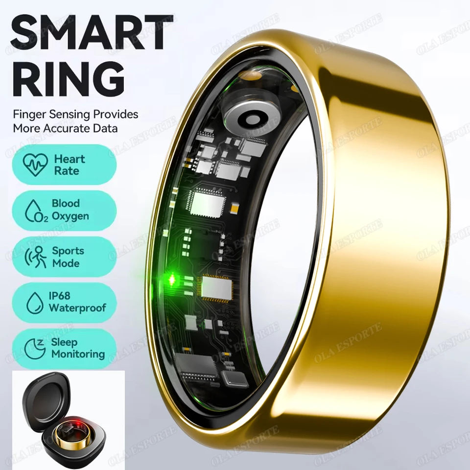 Gold smart ring with electronic components and feature icons on a white background