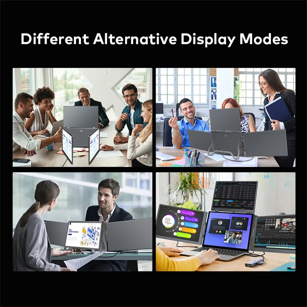 Collage of people using laptops with different display modes on a black background.