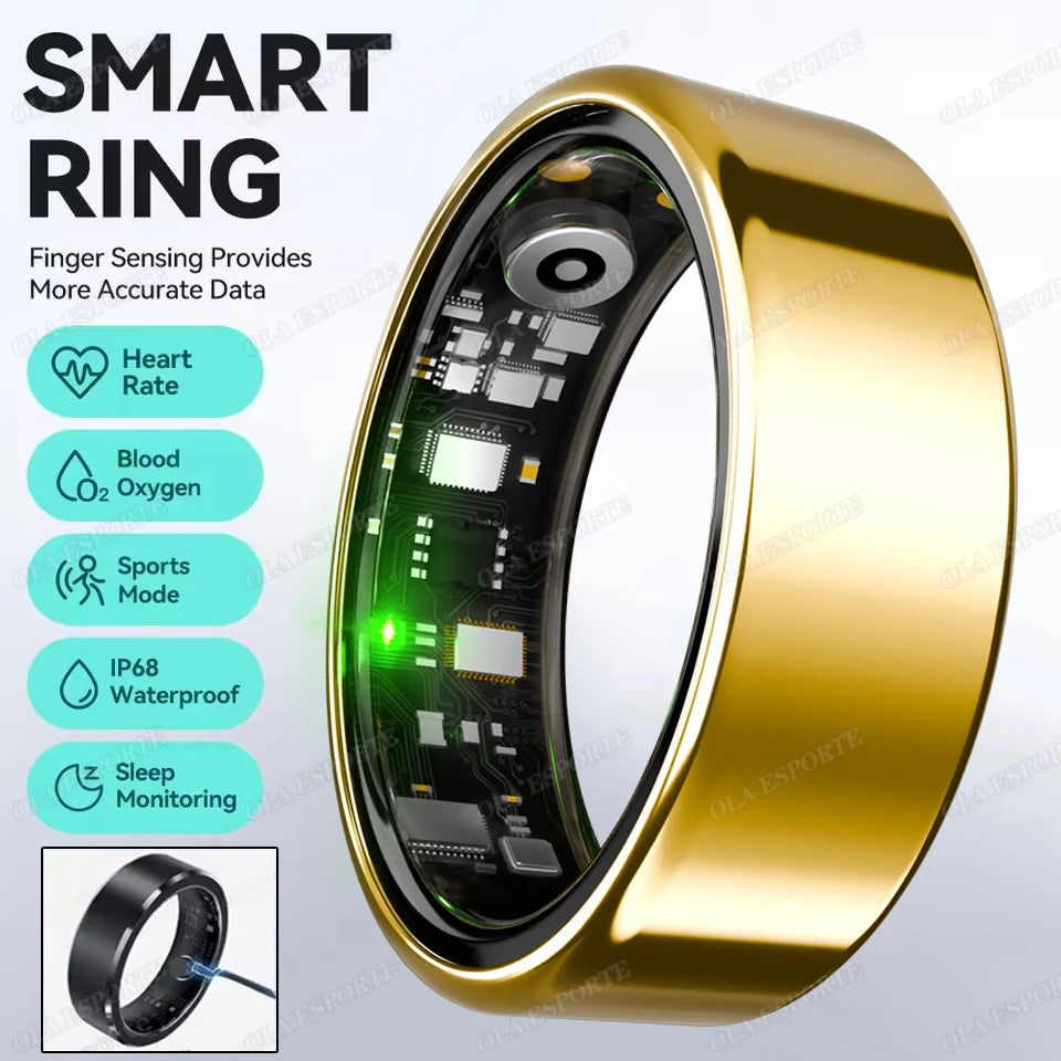 Gold smart ring with electronic components on a white background