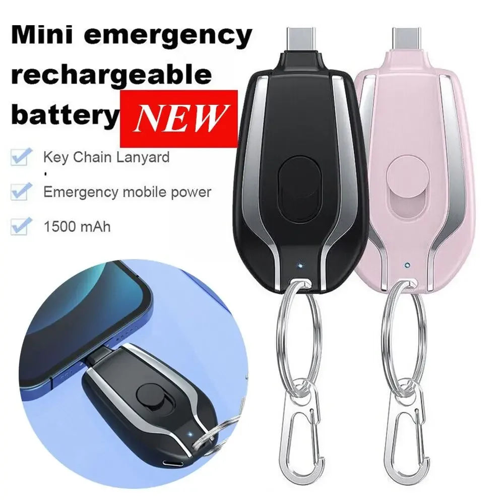 Mini emergency rechargeable battery with key chain lanyard on a white background