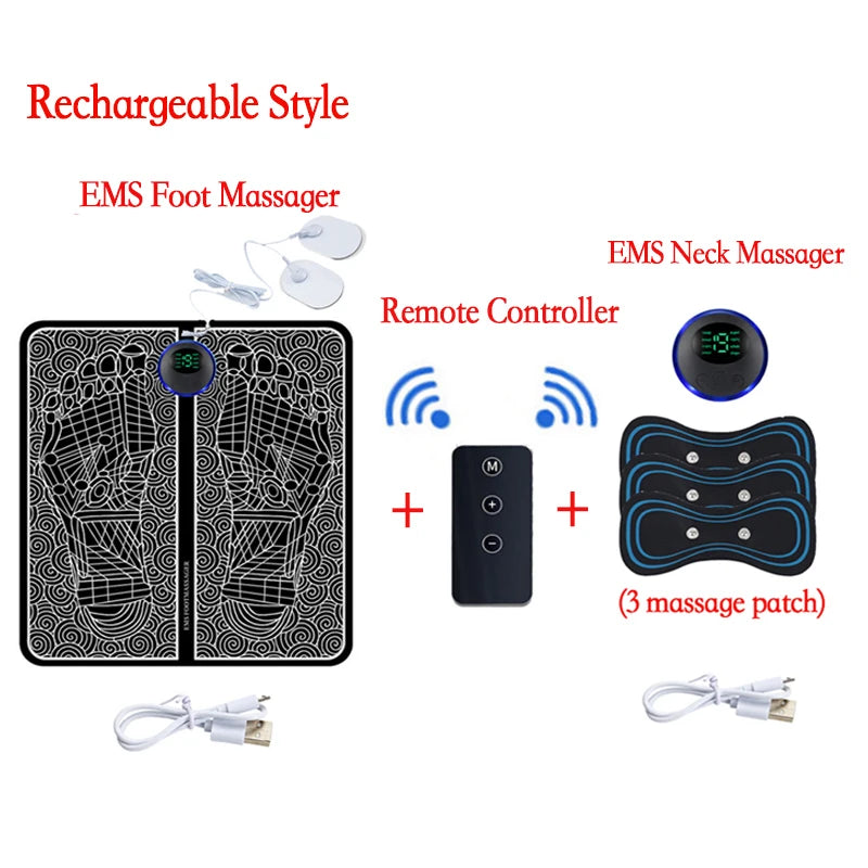 EMS foot and neck massager set with remote controller and patches on a white background