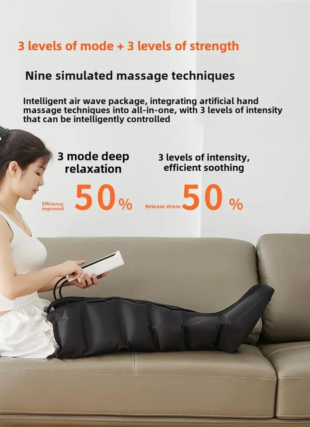 Woman using a massage device on a couch with text about massage techniques and modes.