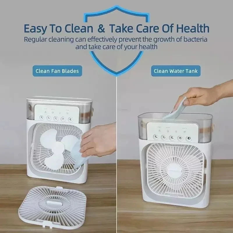 Portable air cleaner with instructions on cleaning fan blades and water tank, emphasizing health benefits.