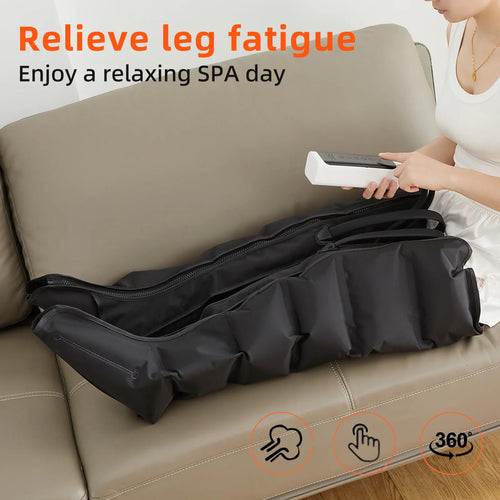 Black leg massager on a beige couch with text promoting leg fatigue relief and a relaxing spa day.
