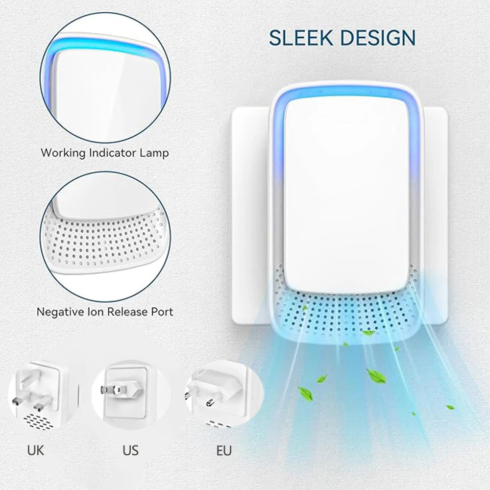 Product with sleek design features including a working indicator lamp and negative ion release port, on a light gray background.