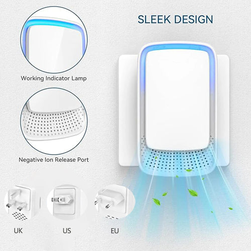 Product with sleek design features including a working indicator lamp and negative ion release port, on a light gray background.