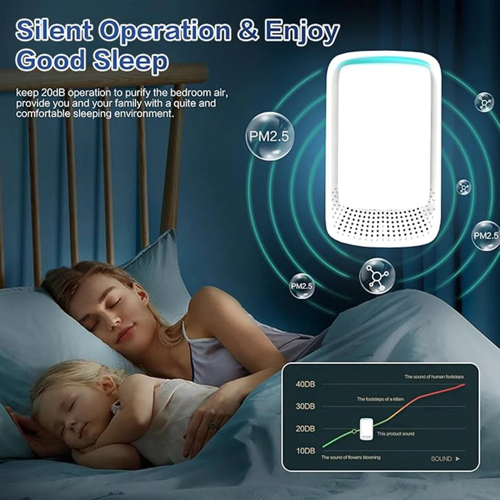 Woman and child sleeping in bed with air purifier and noise level indicator on a dark blue background