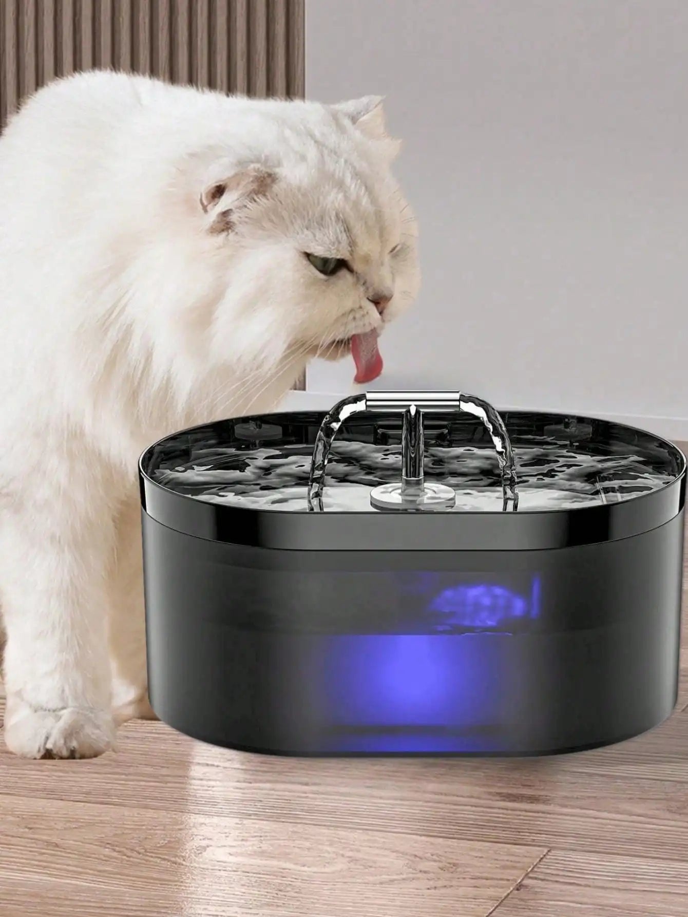 White cat drinking from a black pet water fountain on a wooden floor.