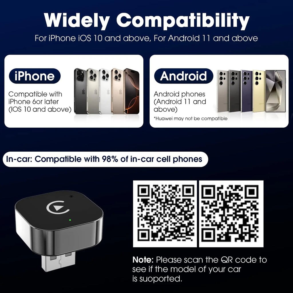 Product compatibility information for iPhone, Android, and in-car devices with QR code scanning feature.