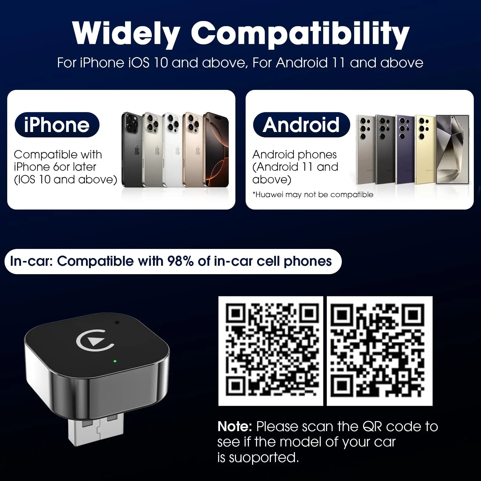Product compatibility information for iPhone, Android, and in-car devices with QR code scanning feature.
