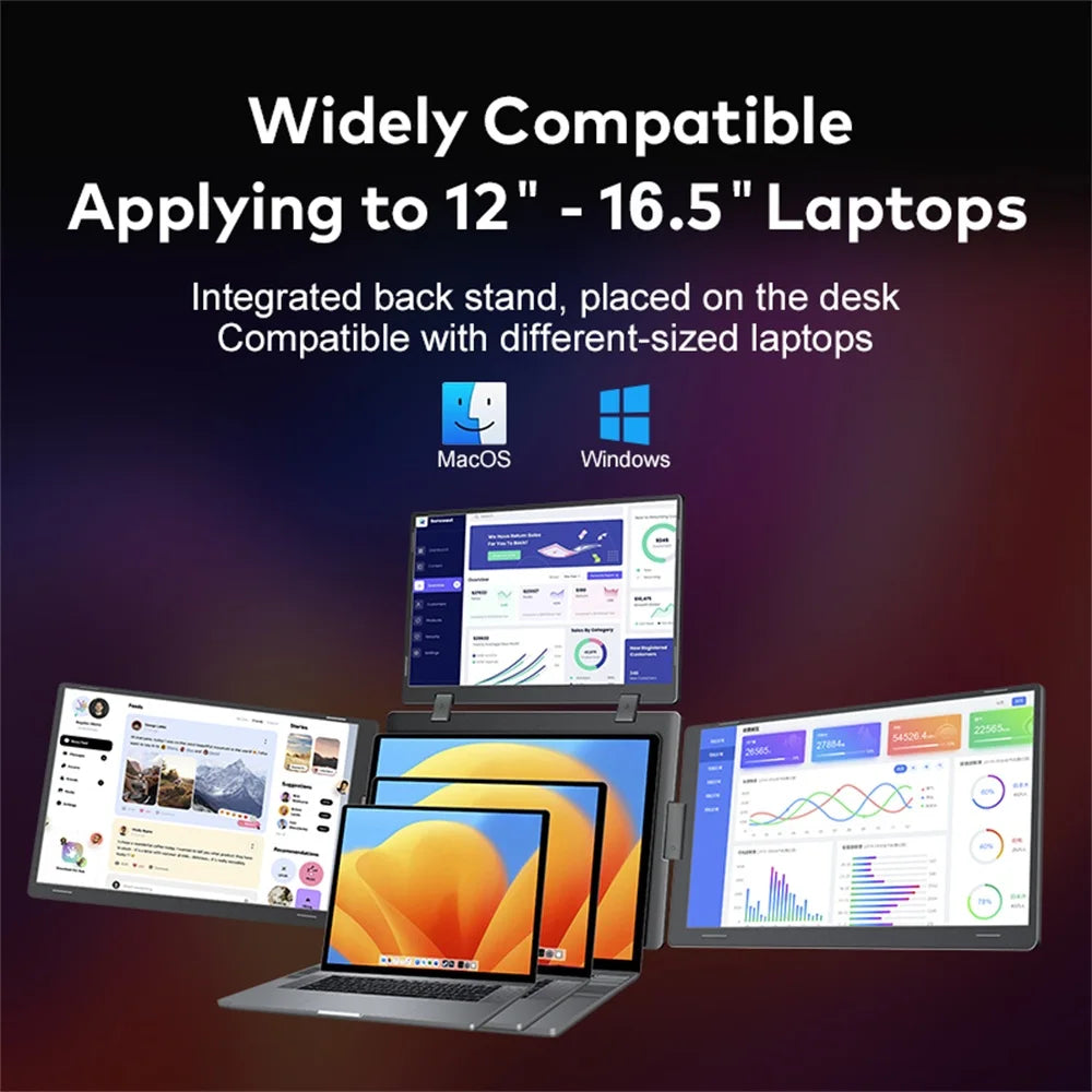 Laptop with integrated back stand on a dark background, displaying different screen activities.