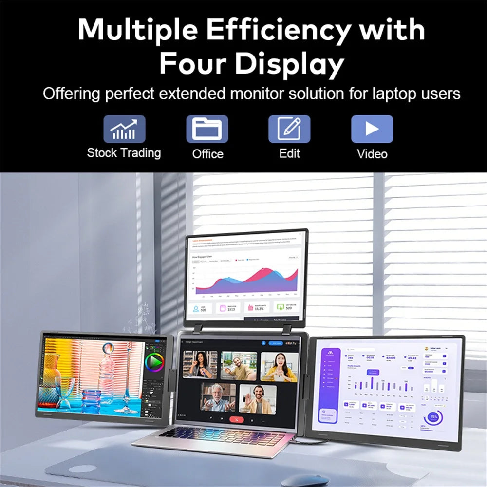Multiple computer monitors on a desk with various applications open, set against a window with blinds.
