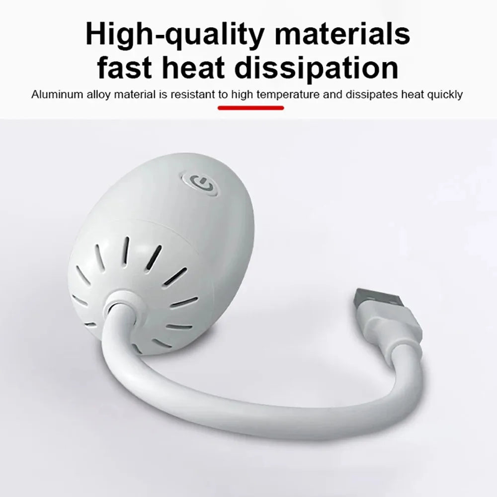 White electronic device with a cable on a light gray background, highlighting high-quality materials and fast heat dissipation.