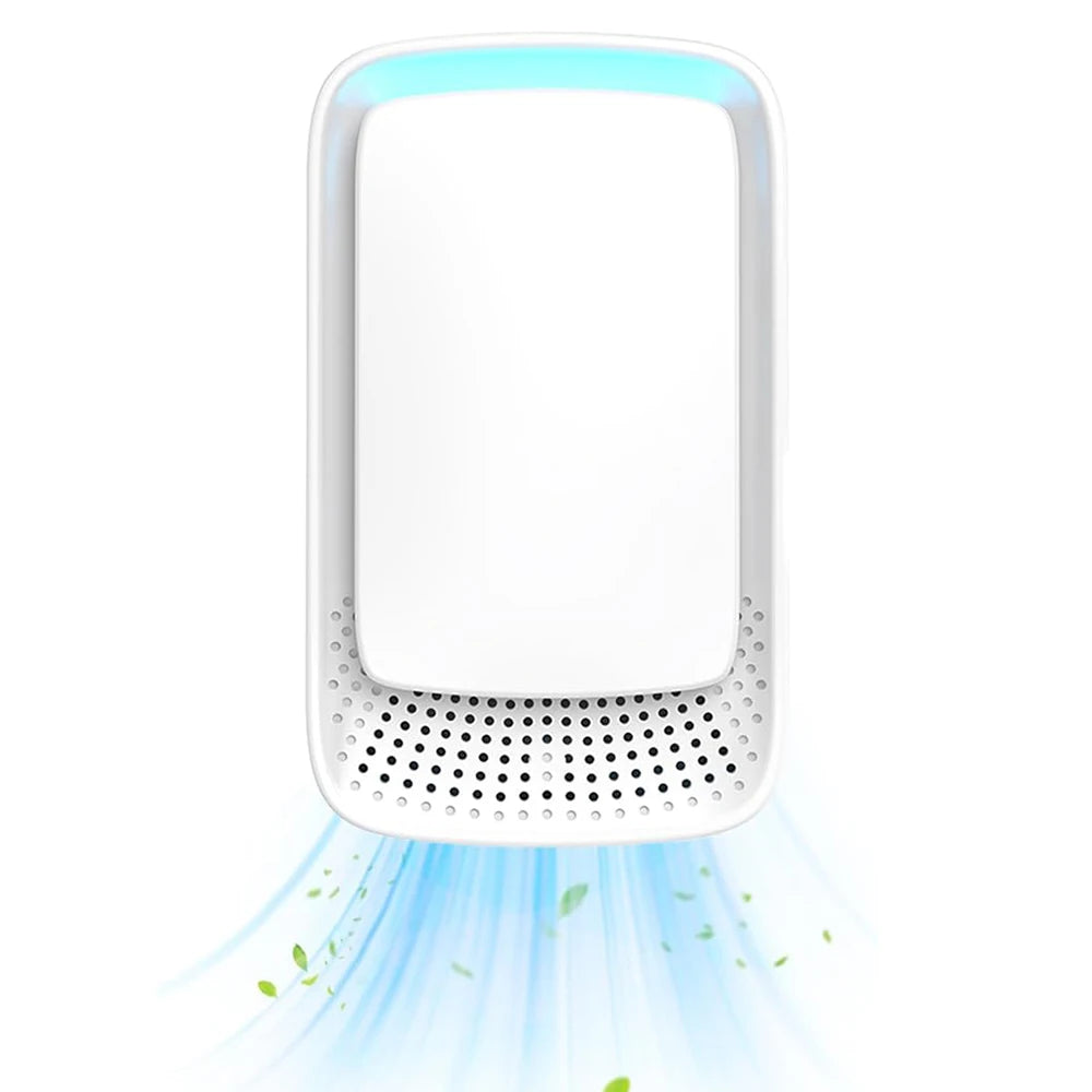Portable air purifier with LED light on a white background