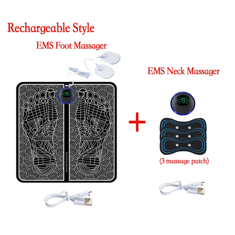 Rechargeable EMS foot and neck massager set with accessories on a white background