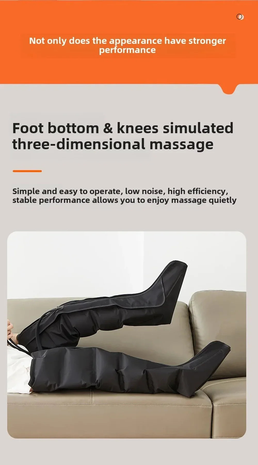 Massage device simulating foot and knee massage on a couch with promotional text about its features.