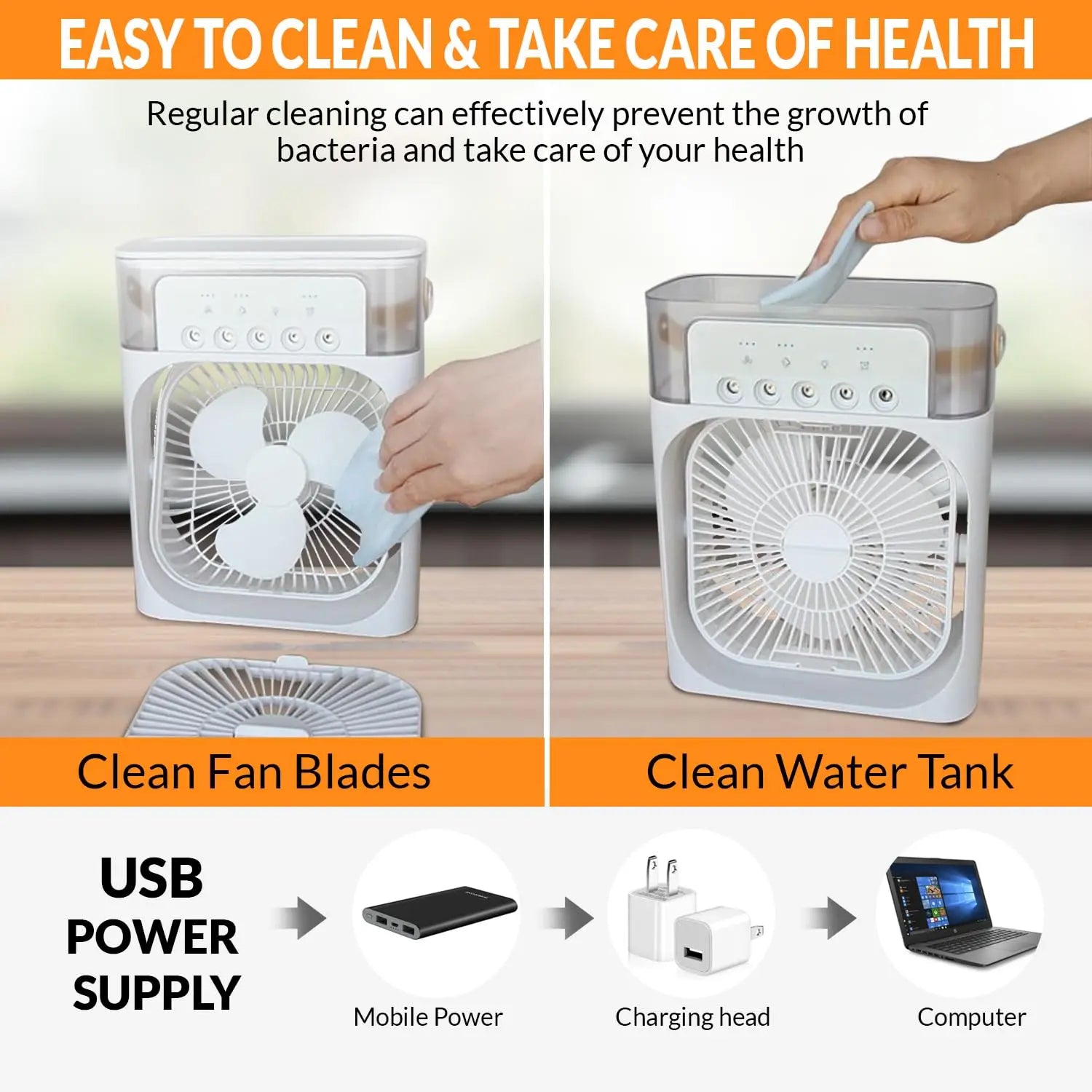 Portable fan with instructions on cleaning fan blades and water tank, USB power supply, and benefits for health.