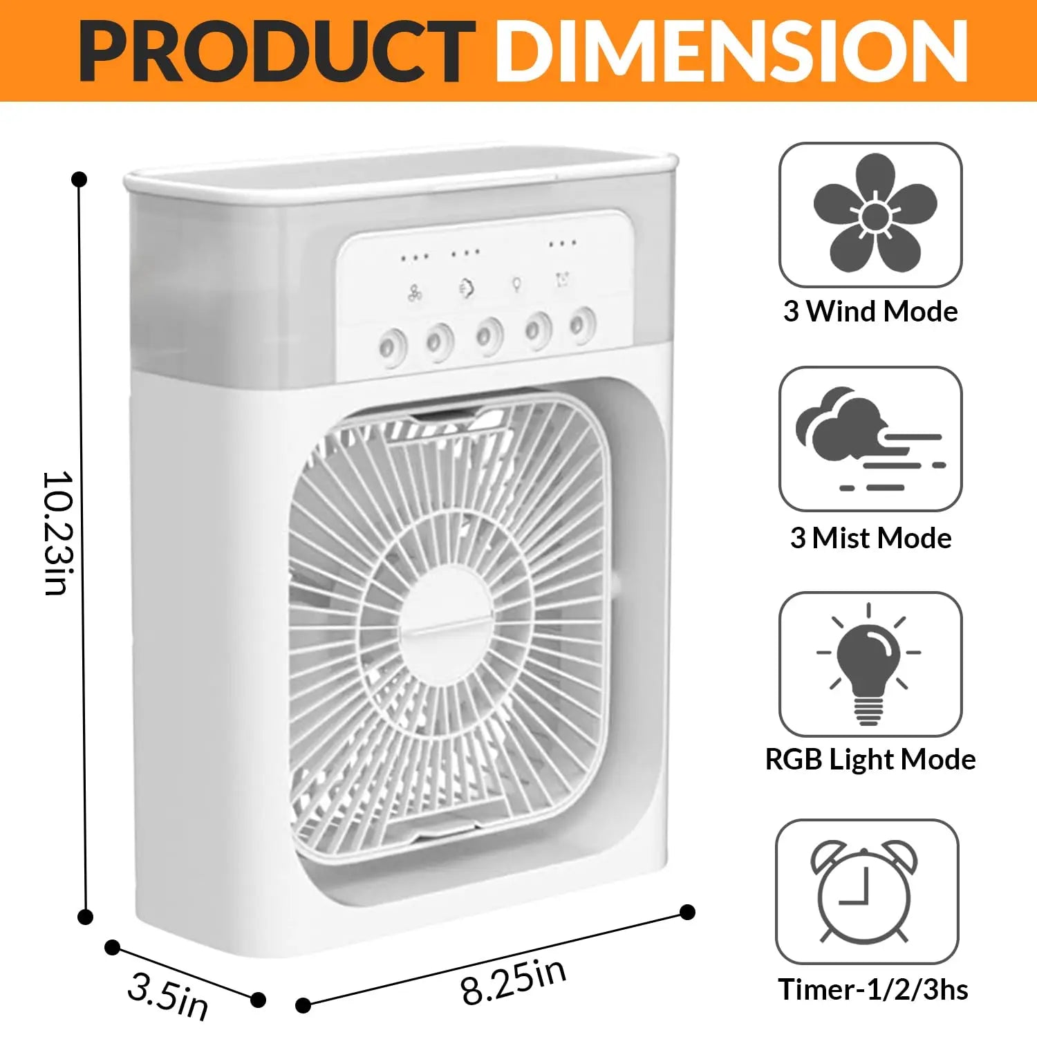 White fan with product dimensions and feature icons on an orange background