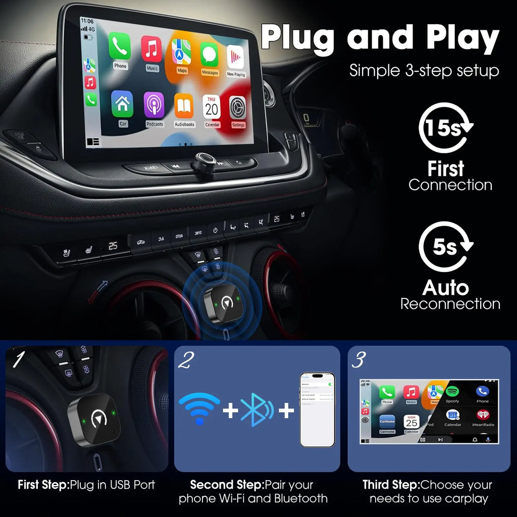 Car multimedia system with smartphone integration display, featuring plug and play setup instructions.