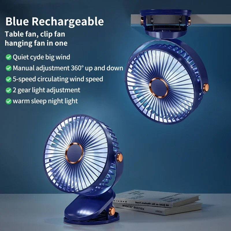 Blue rechargeable table fan, clip fan, and hanging fan on a blue background with features listed.