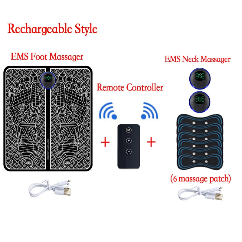EMS foot and neck massager set with remote controller and massage patches on a white background