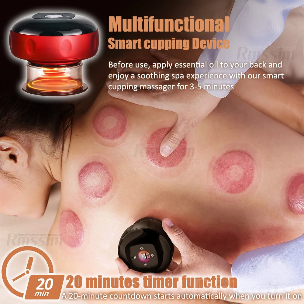 Multifunctional smart cupping device being used on a person's back with text about its features.