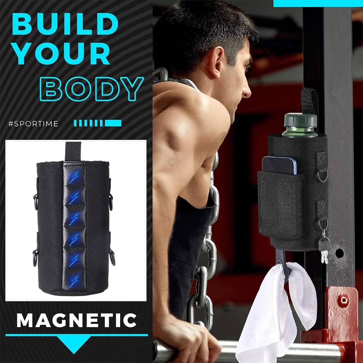 Magnetic pouches with a person in a gym setting, promoting fitness accessories.