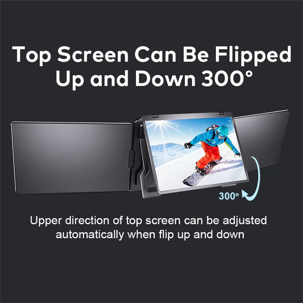 Foldable device with top screen that can be flipped up and down 300 degrees on a black background.