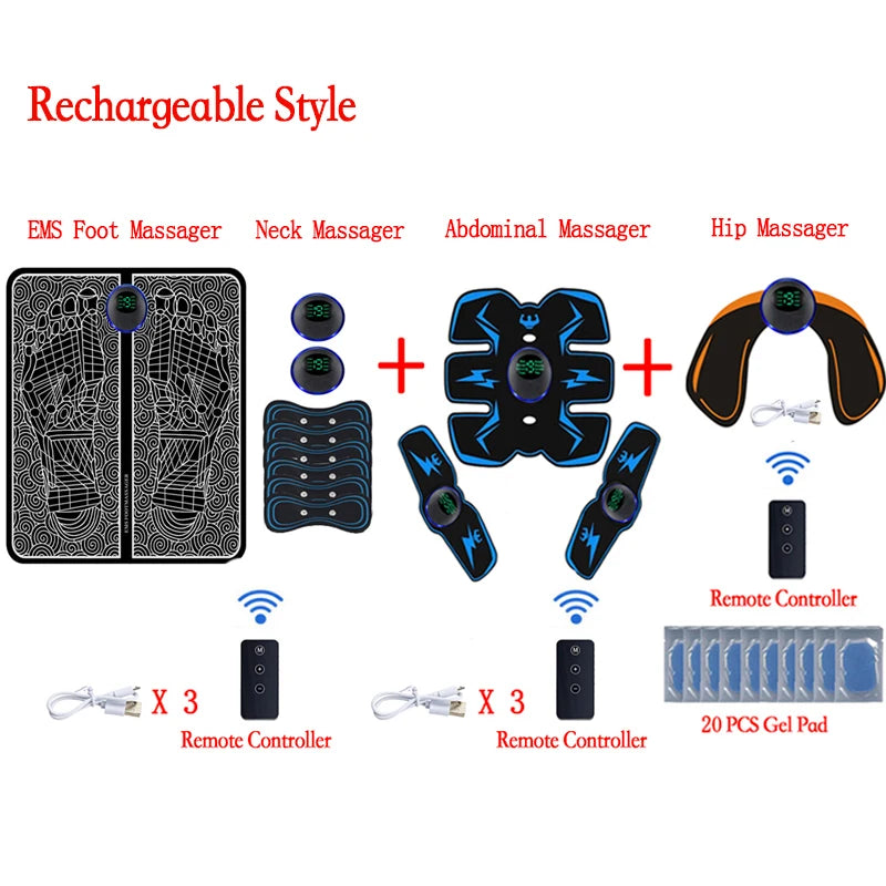 Collection of rechargeable massage devices including EMS foot massager, neck massager, abdominal massager, hip massager, remote controllers, and gel pads on a white background.