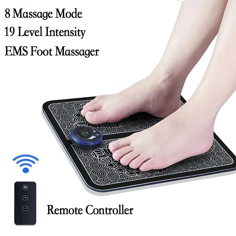 Person using an EMS foot massager with remote control, highlighting features like 8 massage modes and 19 intensity levels.