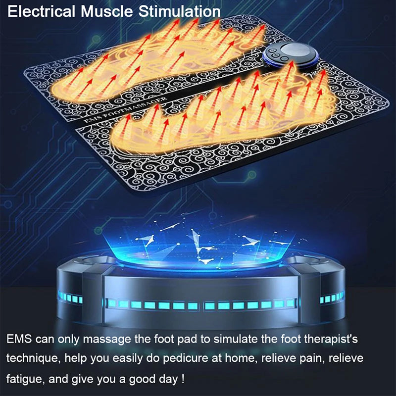 Electrical muscle stimulation device with foot pads and base on a dark background